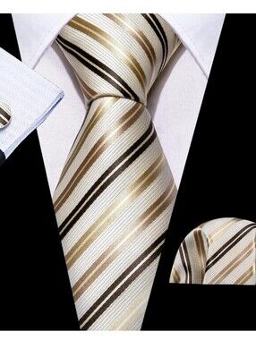 Men's Tie Set Apricot Beige Brown Striped Silk Blend Necktie Set‎